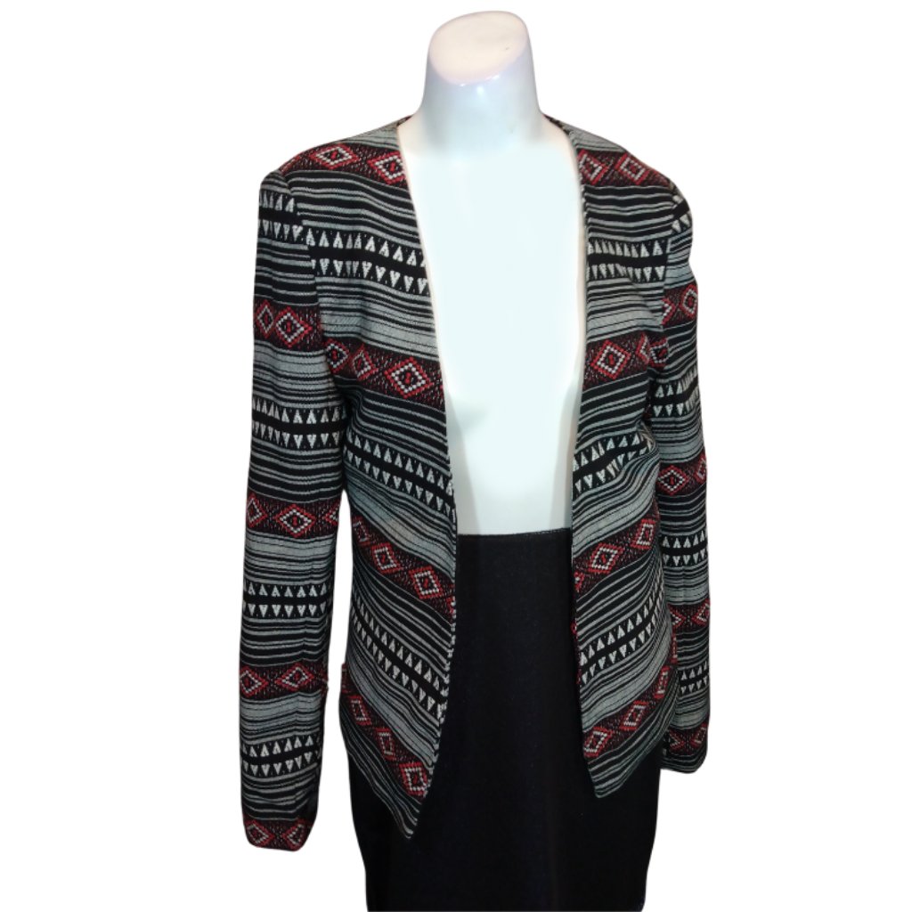 Black/Red/White Aztec Pattern Open Jacket For Girls